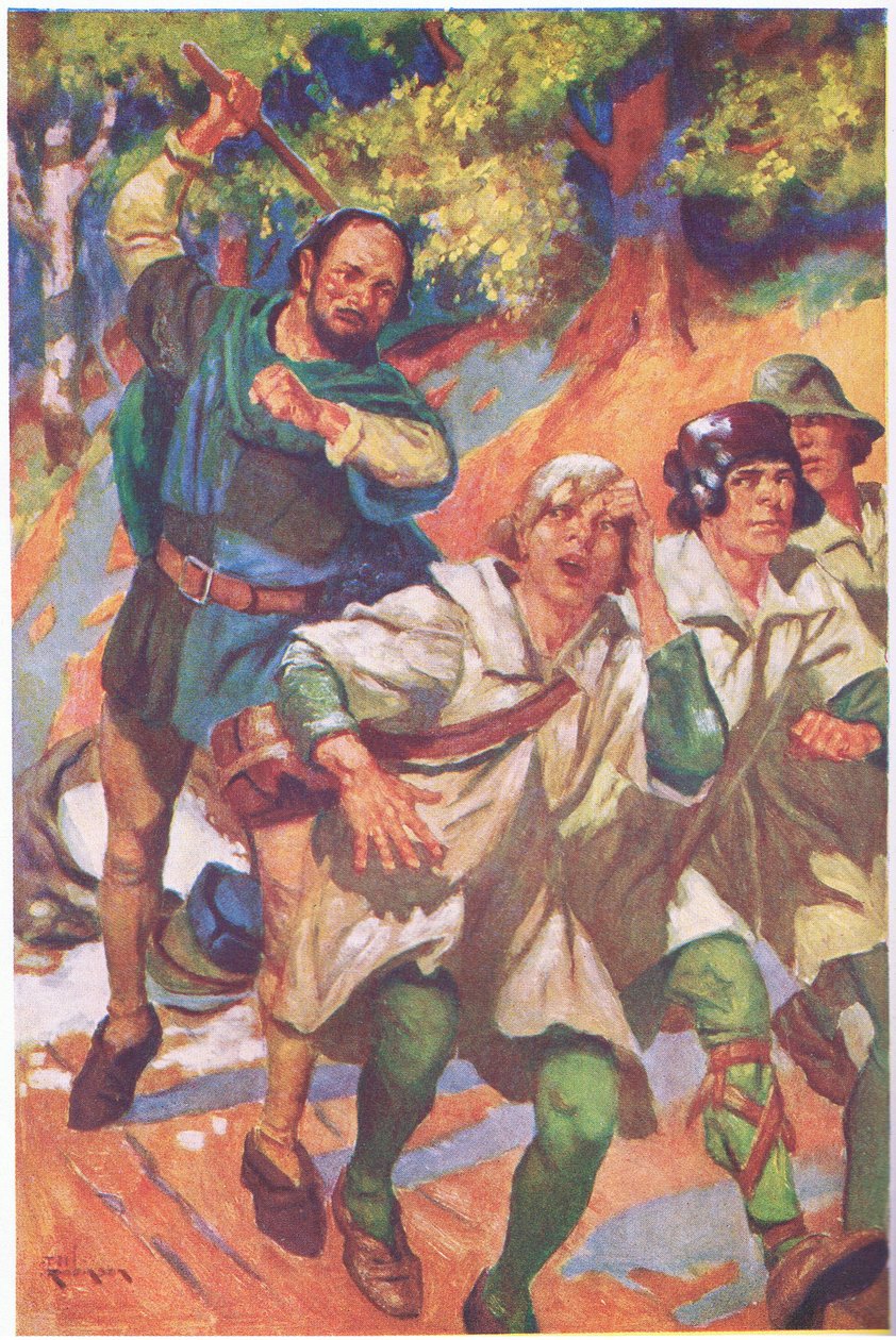 Hän ajoi kolme edessään, ja heidän raivon ja tuskan huutonsa hukkuivat hänen naurun huutoonsa (väriliitoskuva). tekijältä Thomas Heath Robinson