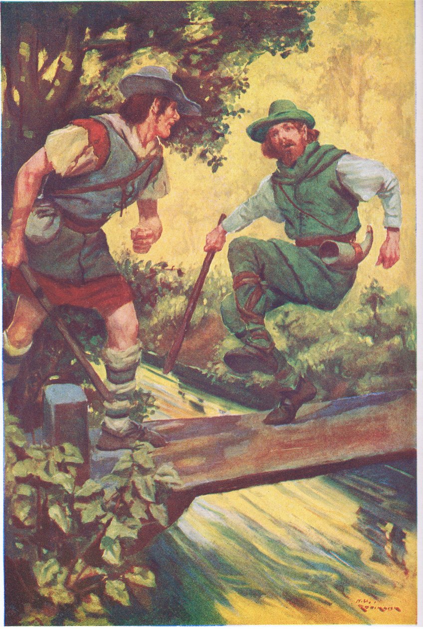Onnettomalla hetkellä hän liukastui puulautojen päälle (värilitografia). tekijältä Thomas Heath Robinson