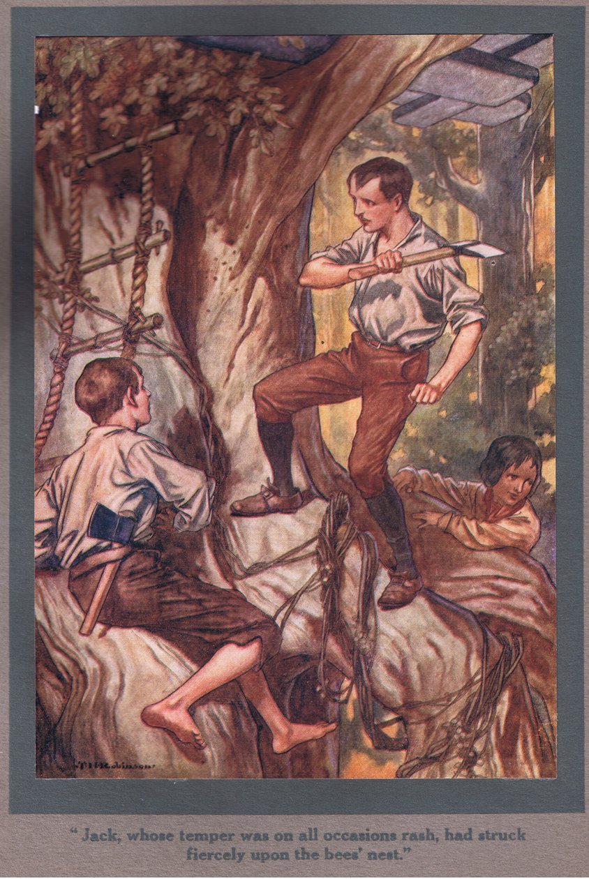 Jack, jonka luonne oli aina äkkipikainen, oli iskenyt raivokkaasti mehiläispesään (värilitho). tekijältä Thomas Heath Robinson