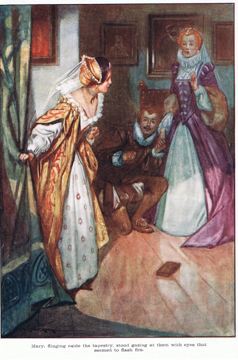 Maria heitti seinävaatteen syrjään ja seisoi katsoen heitä silmät, jotka näyttivät leimahtavan tulta (värilitografia). tekijältä Thomas Heath Robinson