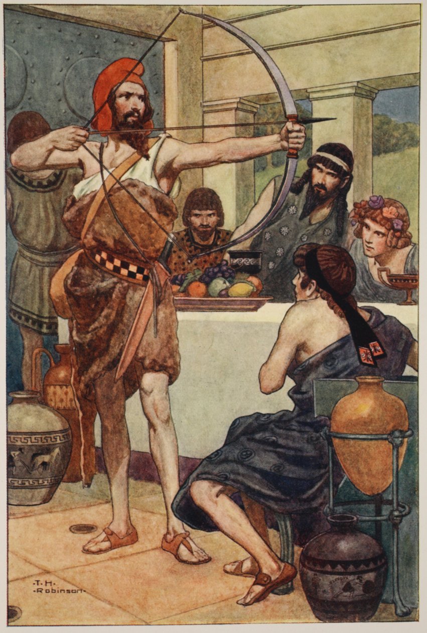 Odysseus rankaisee kosijoita (värilitro) tekijältä Thomas Heath Robinson