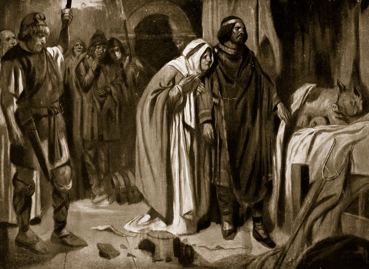 Kuningatar Ethelburga suostuttelee Ine of Wessexin luopumaan kruunusta, 728, kuvitus teoksesta "Hutchinson