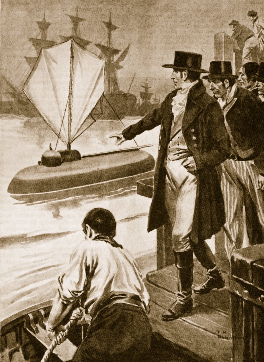 Robert Fulton Ranskassa esittelemässä sukellusvenettään "Nautilus" toiminnassa (litografia). tekijältä Thomas Heath Robinson