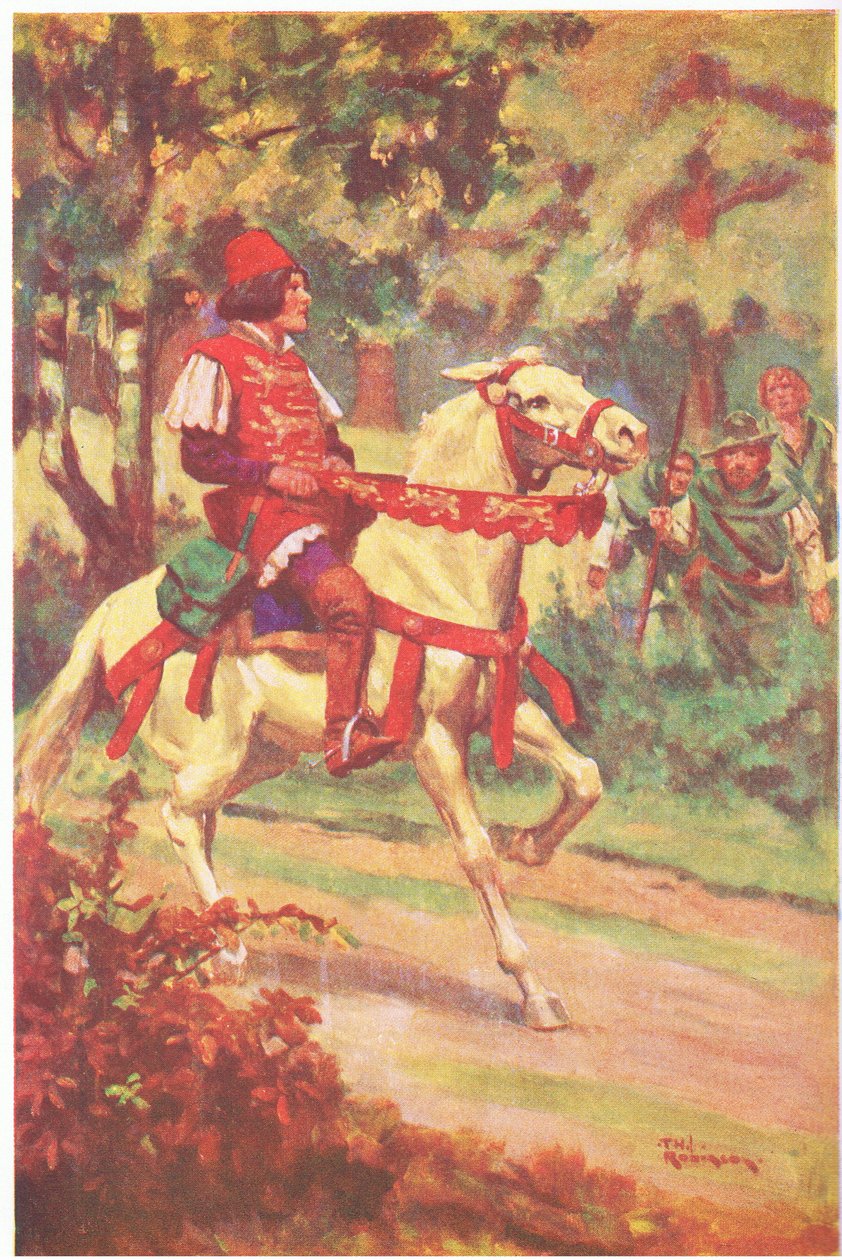Robin ja hänen seuralaisensa näkivät isäntä Patringtonin ratsastavan heitä kohti (väriliitoskuva). tekijältä Thomas Heath Robinson