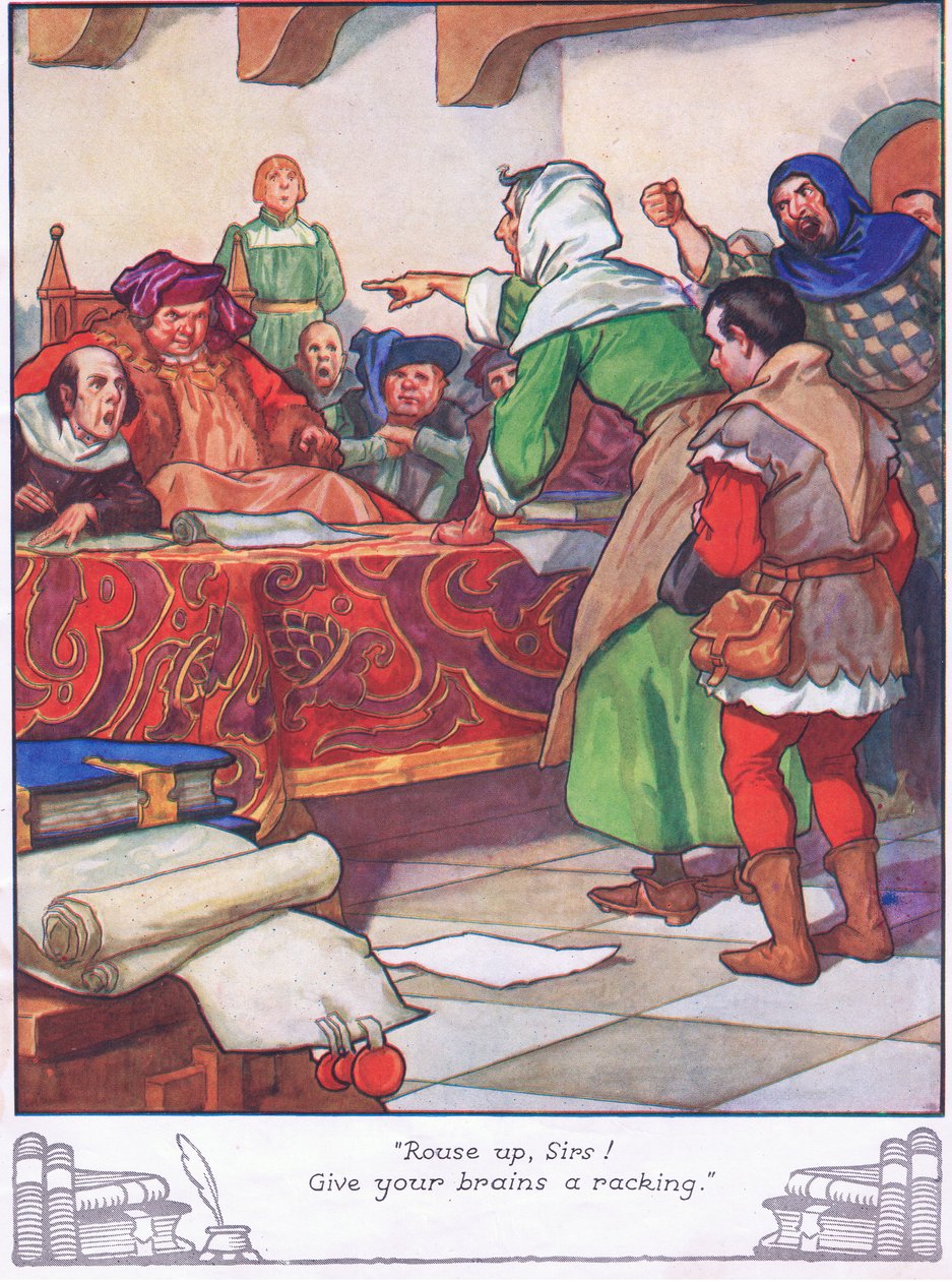 "Herätkää herrat! Aivojenne raastaminen". (värilitografia) tekijältä Thomas Heath Robinson