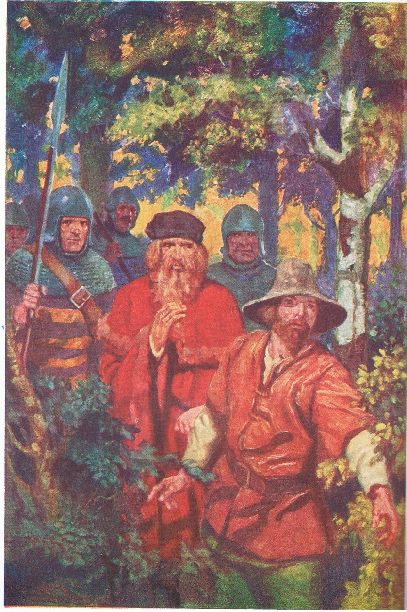 Seriffi seurueineen pysyi Robinin kannoilla (värilitografia). tekijältä Thomas Heath Robinson
