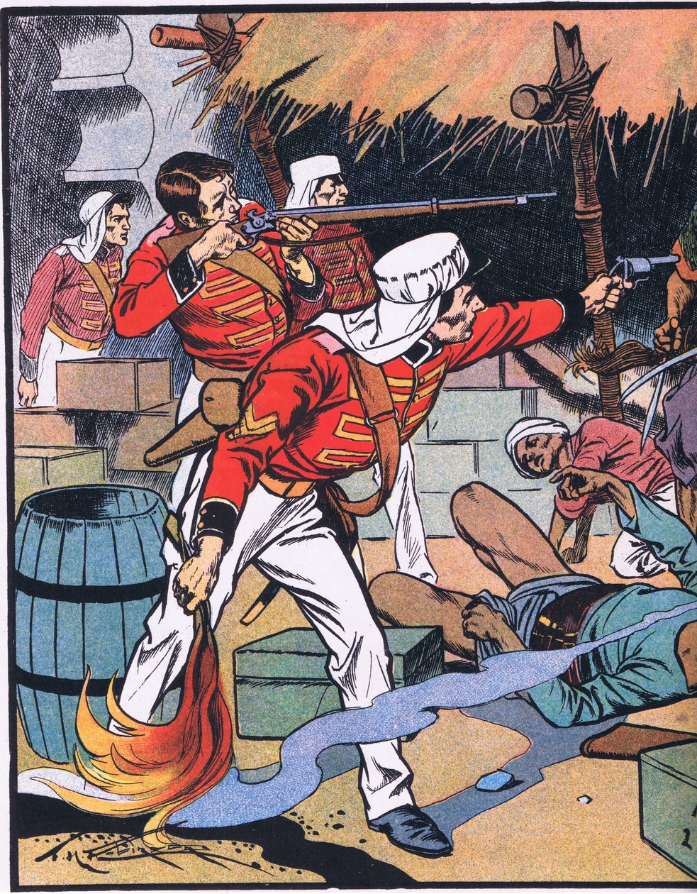 Lehden tuhoaminen Delhissä (värilitografia) tekijältä Thomas Heath Robinson