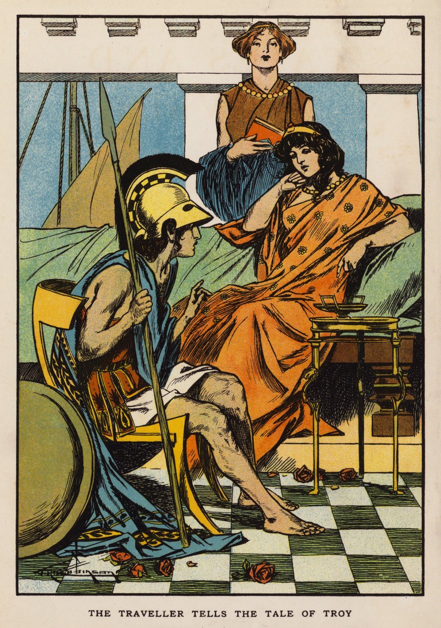 Matkamies kertoo Troijan tarinan (värilitografia) tekijältä Thomas Heath Robinson