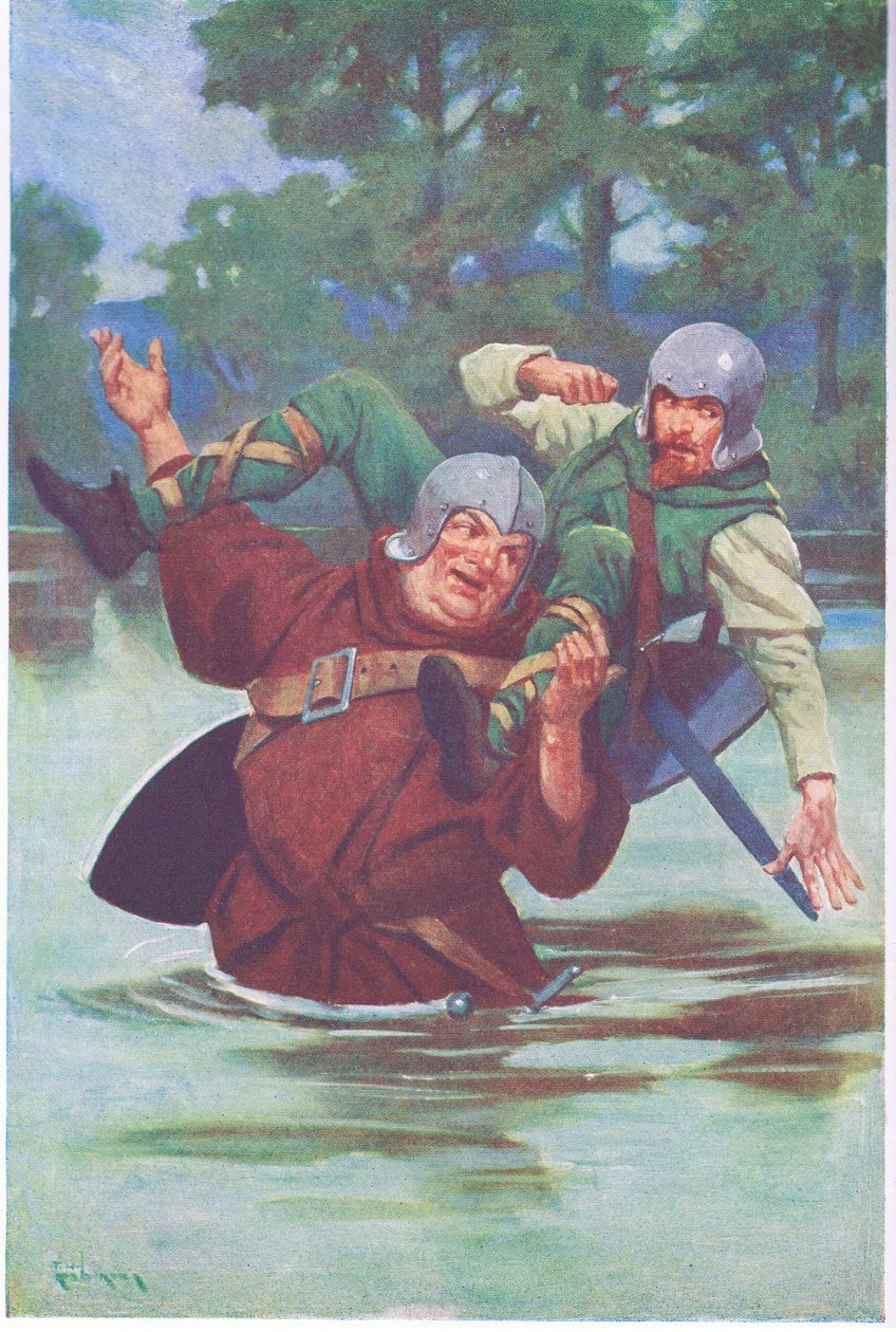 Suurilla käsillään hän veti lainsuojatonta puroon (väriliitoskuva). tekijältä Thomas Heath Robinson
