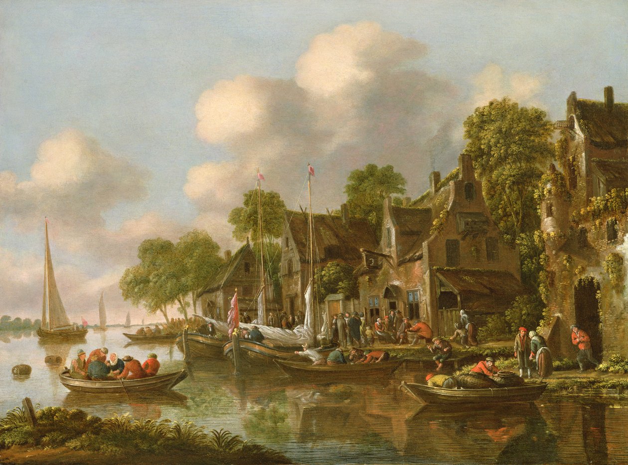 Jokimaisema, jossa on veneitä ja hahmoja tavernan äärellä, 1700-luku tekijältä Thomas Heeremans