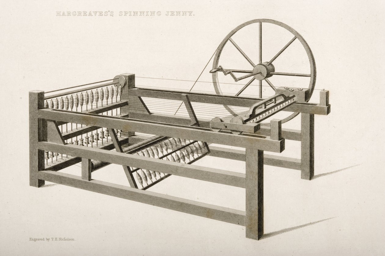 James Hargreavesin vuonna 1764, 1835 keksimä Spinning Jenny tekijältä Thomas Henry Nicholson