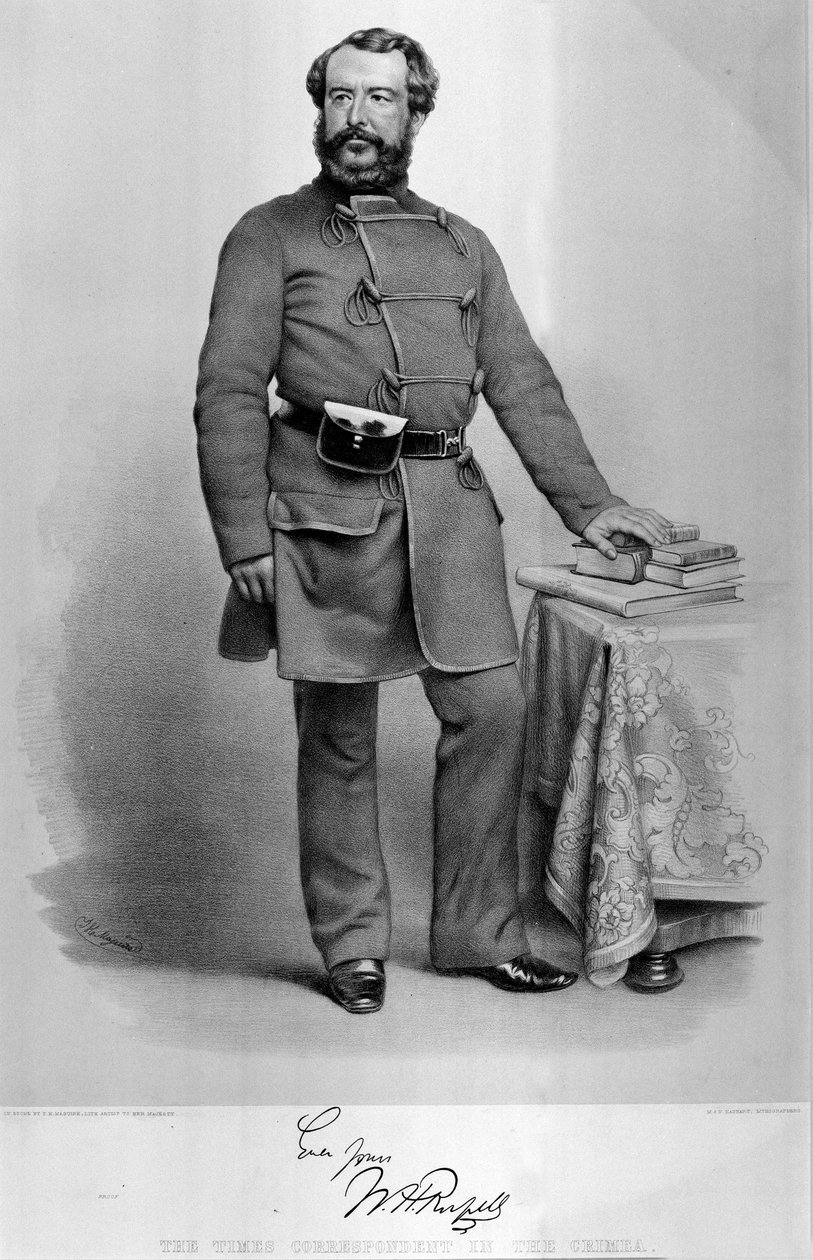 Muotokuva W.H. Russell (1820-1907) The Times -kirjeenvaihtaja Krimillä faksimileineen nimikirjoituksestaan, julkaistu vuonna 1855 tekijältä Thomas Herbert Maguire