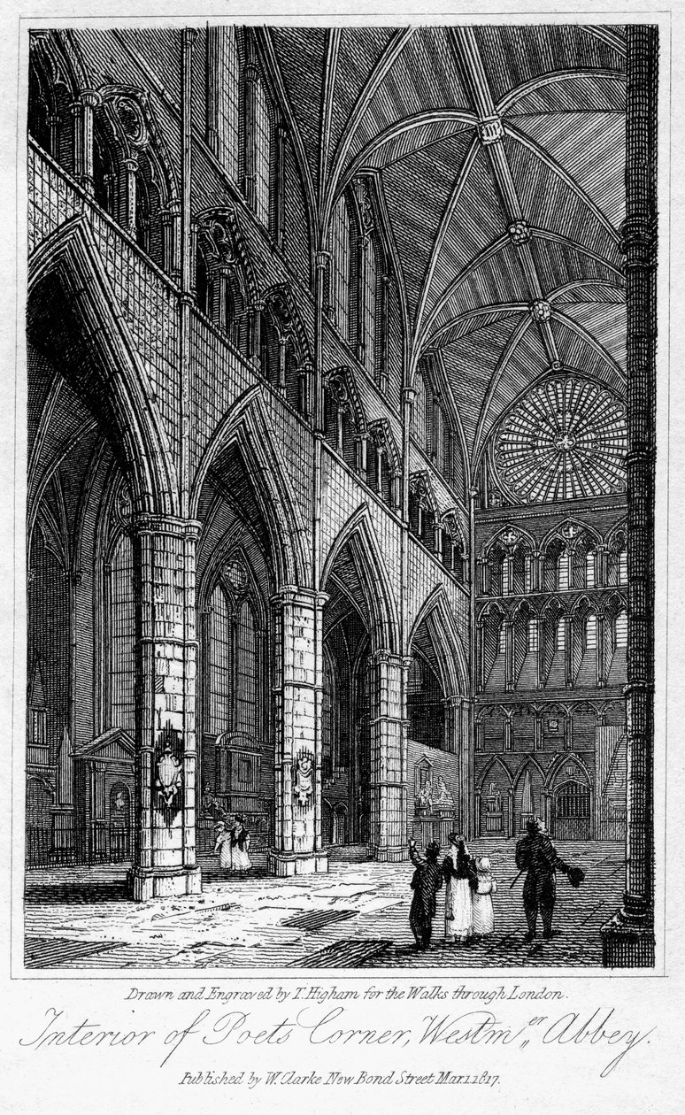 Interior of Poets Corner, Westminster Abbey, Lontoo, 1817. tekijältä Thomas Higham