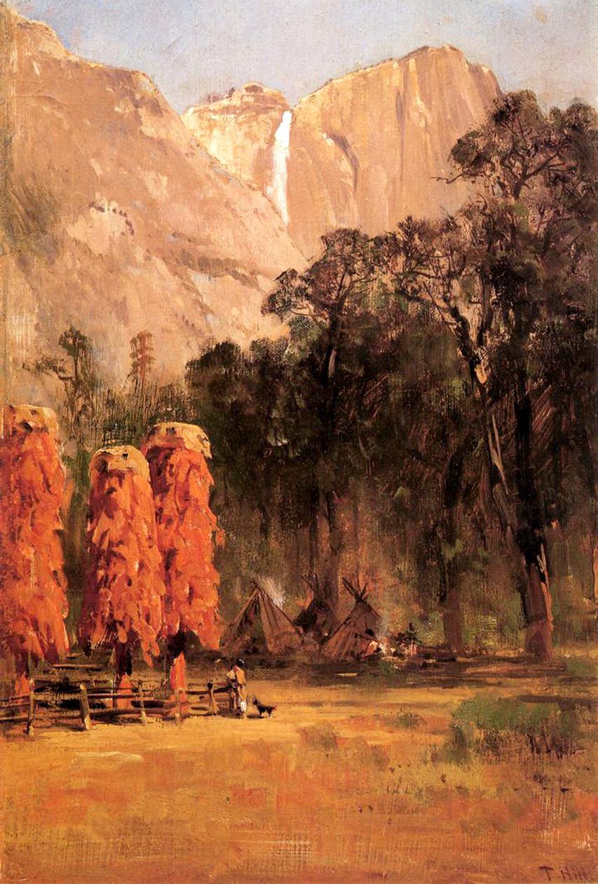 Paiute-intiaanien tammenterhomakasiinit, n. 1873 (öljy paperille aluksella) tekijältä Thomas Hill