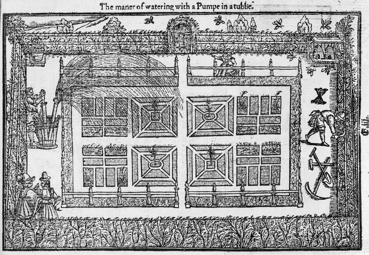 Kastelumenetelmä pumpulla ammeessa, teoksesta Puutarhurin labyrintti, 1577. tekijältä Thomas Hill