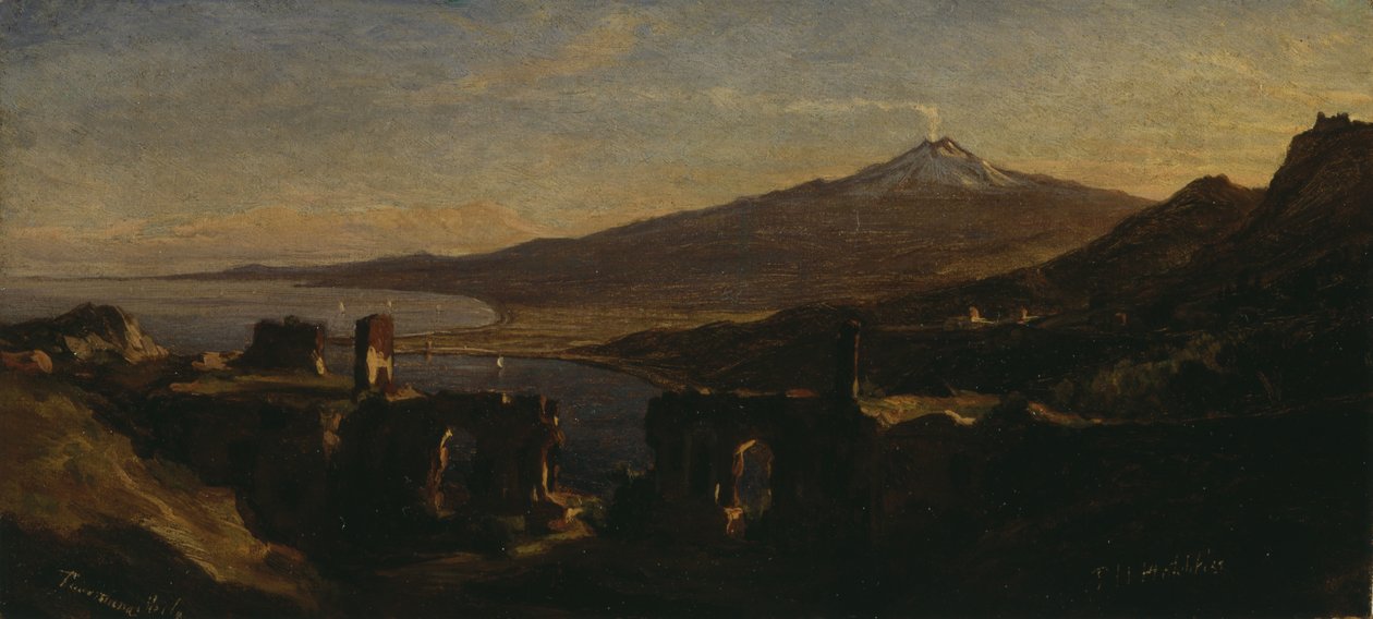 Näkymä kreikkalaisen teatterin raunioista Taorminassa, Sisiliassa, Etna-vuorella (tupakointi) tekijältä Thomas Hiram Hotchkiss