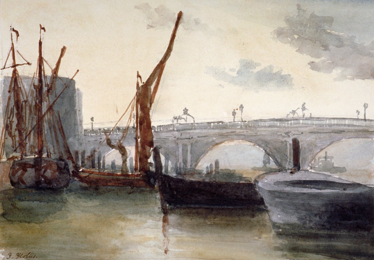 Näkymä Blackfriars Bridgelle, veneet etualalla, Lontoo, c1835 tekijältä Thomas Hollis