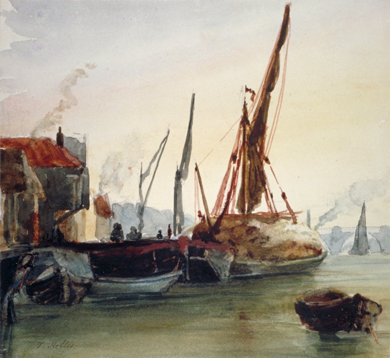 Näkymä Thames-joelle kiinnitetyistä veneistä Banksidessa, Southwarkissa, Lontoossa, 1830. tekijältä Thomas Hollis