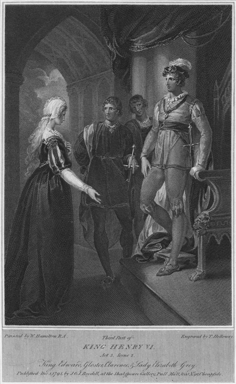 Kuningas Henrik VI:n kolmas osa. Näytös 3. Kohtaus 2. Kuningas Edward, Gloucester, Clarence & Lady Elizabeth Gre tekijältä Thomas Holloway