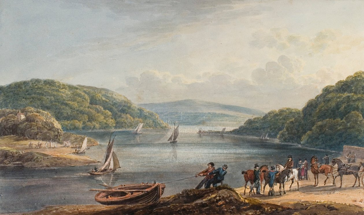 Briton Ferry, joki ja kirkko (vesiväri ja lyijykynä paperille) tekijältä Thomas Hornor