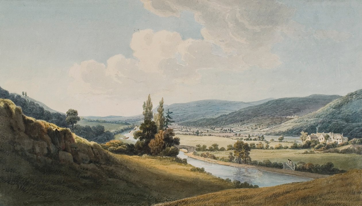 Vale of Neath, Melincourt oikealla (akvarelli ja kynä paperille) tekijältä Thomas Hornor
