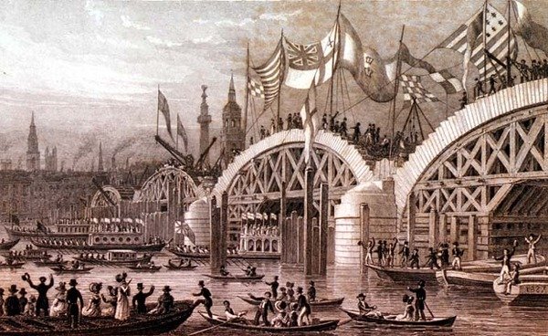 Uusi Lontoon silta ja pormestarin kulkue kulkee keskeneräisten kaarien alla, kaiverrettu Thomas Highamin (1796-1844) toimesta, julkaissut Jones & Co. marraskuu 1828 (kaiverrus) tekijältä Thomas Hosmer (after) Shepherd