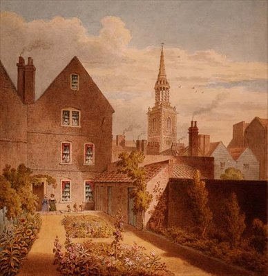Näkymä herra Upcottin talosta ja puutarhasta Islingtonin kirkon kanssa kaukana, n. 1835 (akvarelli paperille) tekijältä Thomas Hosmer Shepherd