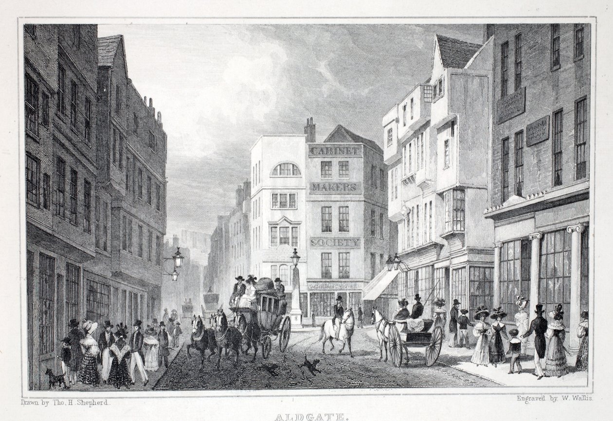 Aldgate, "Lontoo ja sen ympäristö 1800-luvulla" -pubista. Jones und Co., 1827-1829 tekijältä Thomas Hosmer Shepherd