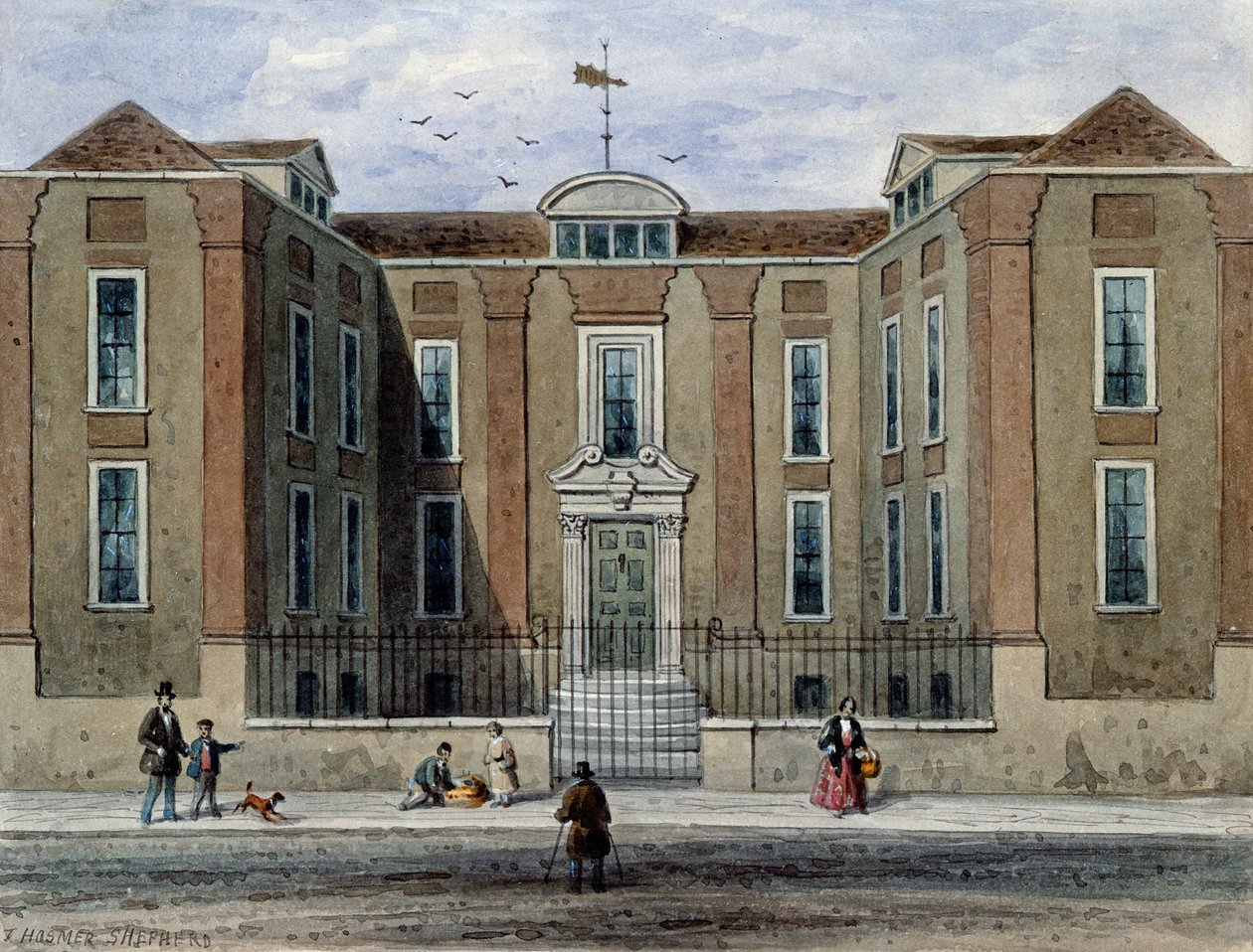 Ancient Mansion, nimeltään Pritchett Hall, South Side of Union St., Southwark, 1828 tekijältä Thomas Hosmer Shepherd