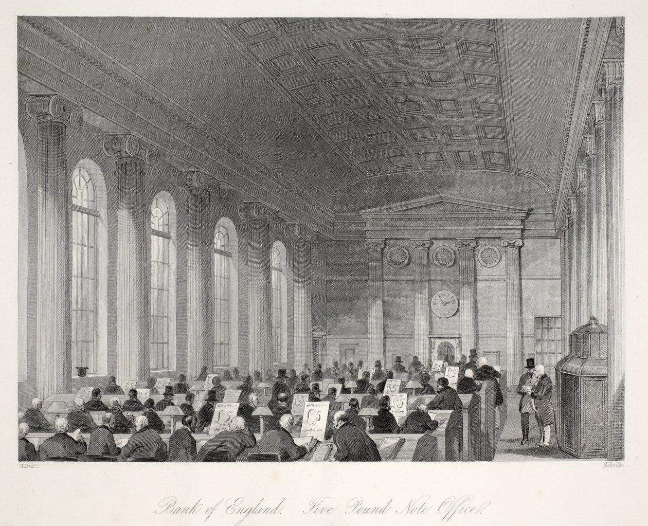 Bank of England - Five Pound Note Office, "London Interiors with their Costumes and Ceremonies" -pubista. Joseph Mead, Lontoo, n.1843 (teräskaiverrus) tekijältä Thomas Hosmer Shepherd