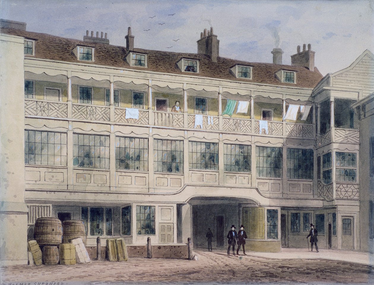 Belle Sauvage Yard, Ludgate Hill, Lontoo, 1850 tekijältä Thomas Hosmer Shepherd