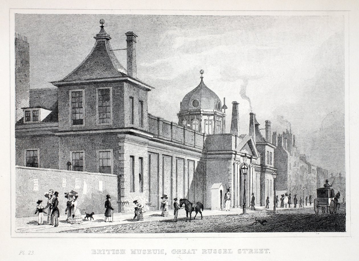 British Museum, Great Russell Street, "London ja sen ympäristö 1800-luvulla" -pubista. Jones und Co., 1827-1829 tekijältä Thomas Hosmer Shepherd