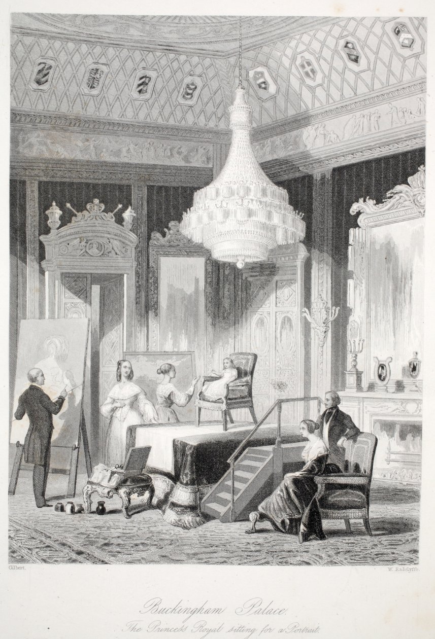 Buckinghamin palatsi - Prinsessa Royal istuu muotokuvaa varten, Lontoon sisätiloista, joissa on heidän puvut ja seremoniat pubi. Joseph Mead, Lontoo, noin 1843, teräskaiverrus. tekijältä Thomas Hosmer Shepherd
