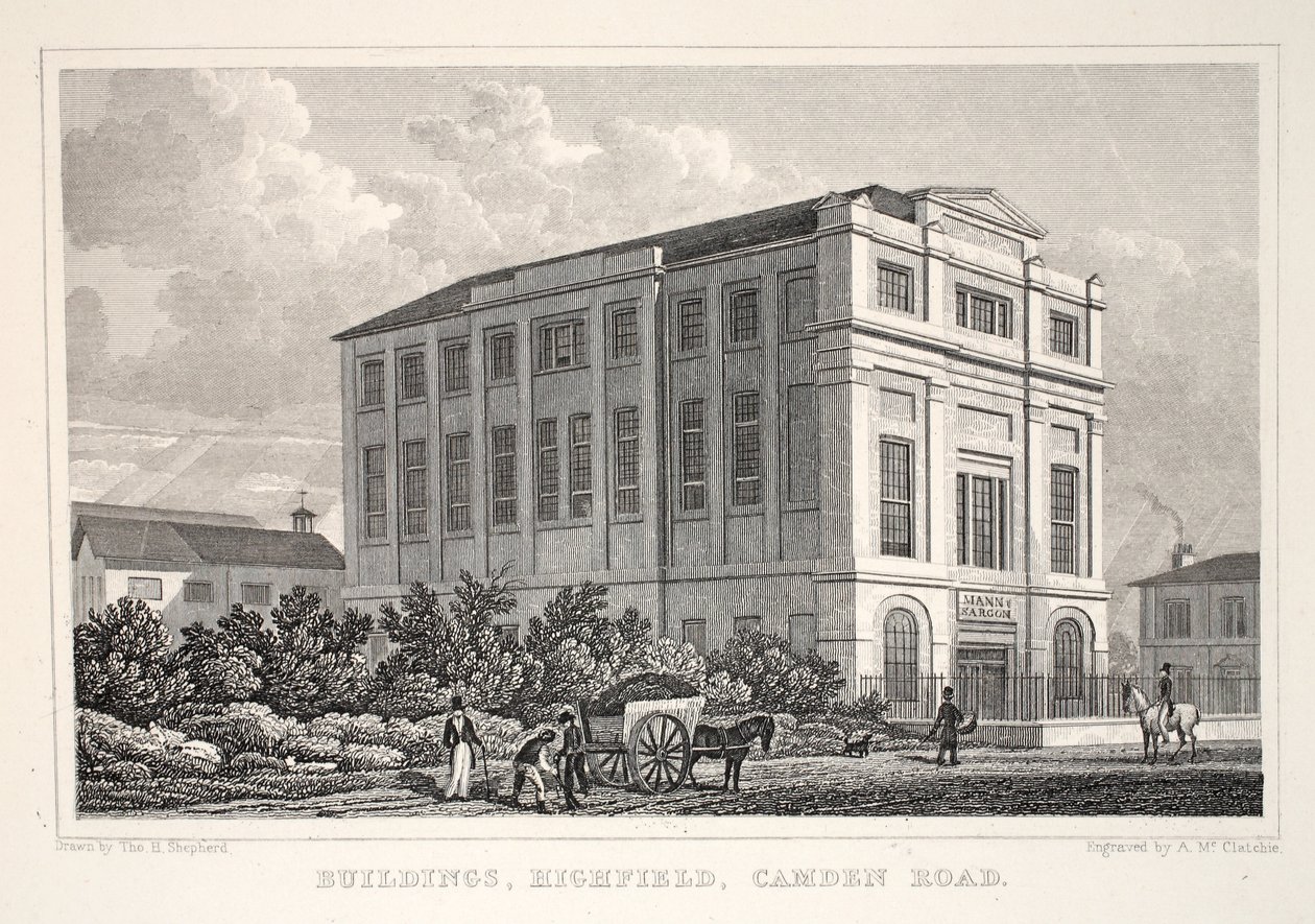 Rakennukset, Highfield, Camden Road, "Lontoo ja sen ympäristö 1800-luvulla" -pubista. Jones und Co., 1827-1829 tekijältä Thomas Hosmer Shepherd
