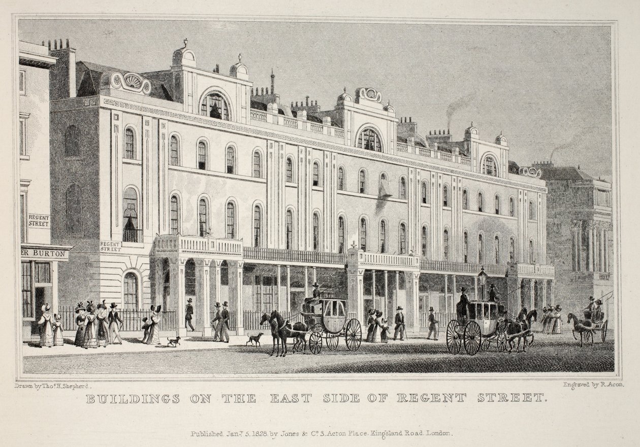 Rakennukset Regent Streetin itäpuolella, pubista "Lontoo ja sen ympäristö 1800-luvulla". Jones und Co., 1827-1829 tekijältä Thomas Hosmer Shepherd