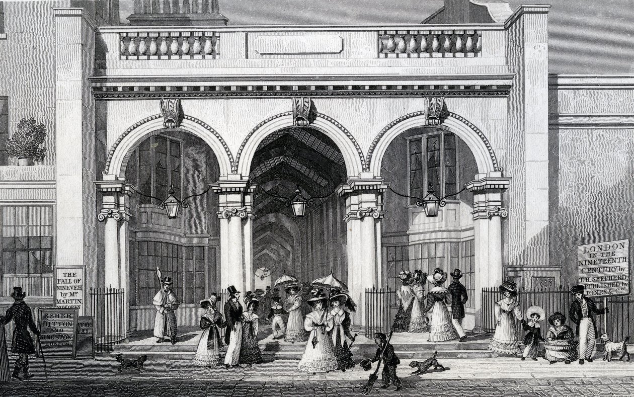 Burlington Arcade, Picadilly, kaiverrettu William Tomblesonilta, 1828. tekijältä Thomas Hosmer Shepherd