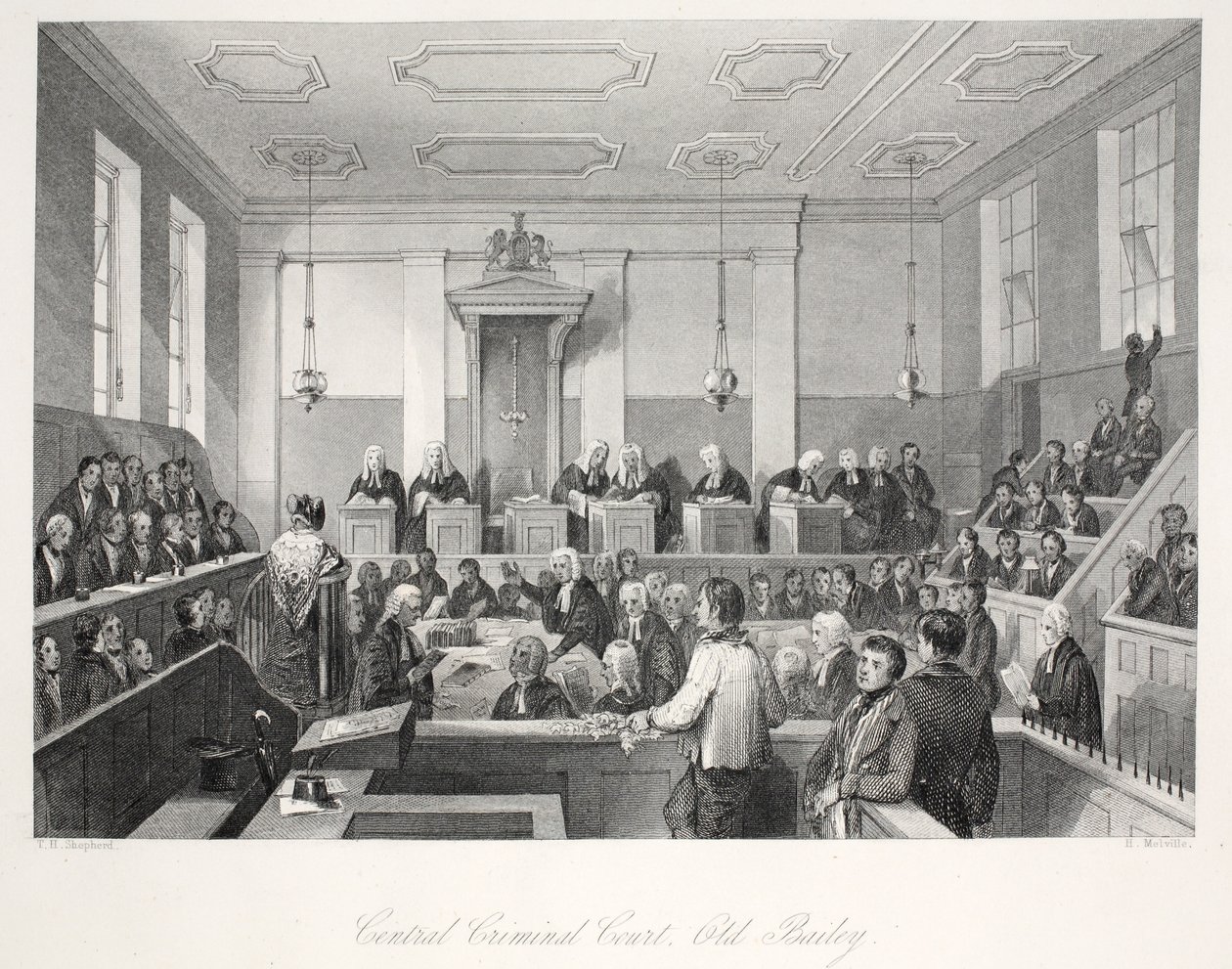 Keskusrikostuomioistuin Old Baileyssa, "London Interiors with their Costumes and Ceremonies" -pubista. Joseph Mead, Lontoo, n. 1843 (teräskaiverrus) tekijältä Thomas Hosmer Shepherd