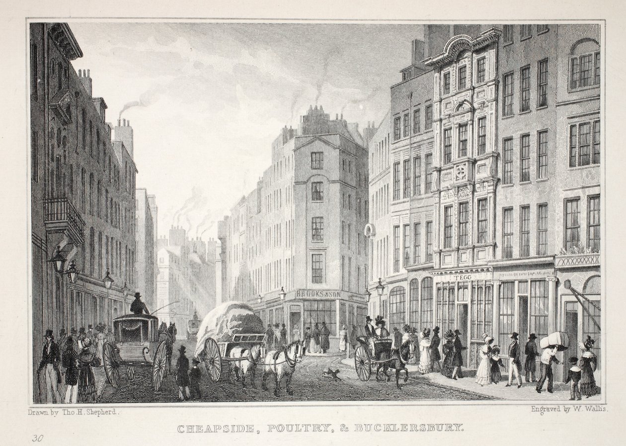 Cheapside, Poultry ja Bucklersbury, "Lontoo ja sen ympäristö 1900-luvulla" -pubista. Jones und Co., 1827-1829 tekijältä Thomas Hosmer Shepherd