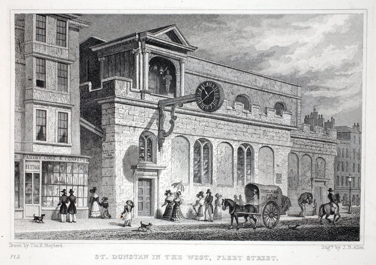St Dunstanin kirkko lännessä, Fleet Street, pubista "Lontoo ja sen ympäristö 1800-luvulla". Jones und Co., 1827-1829 tekijältä Thomas Hosmer Shepherd