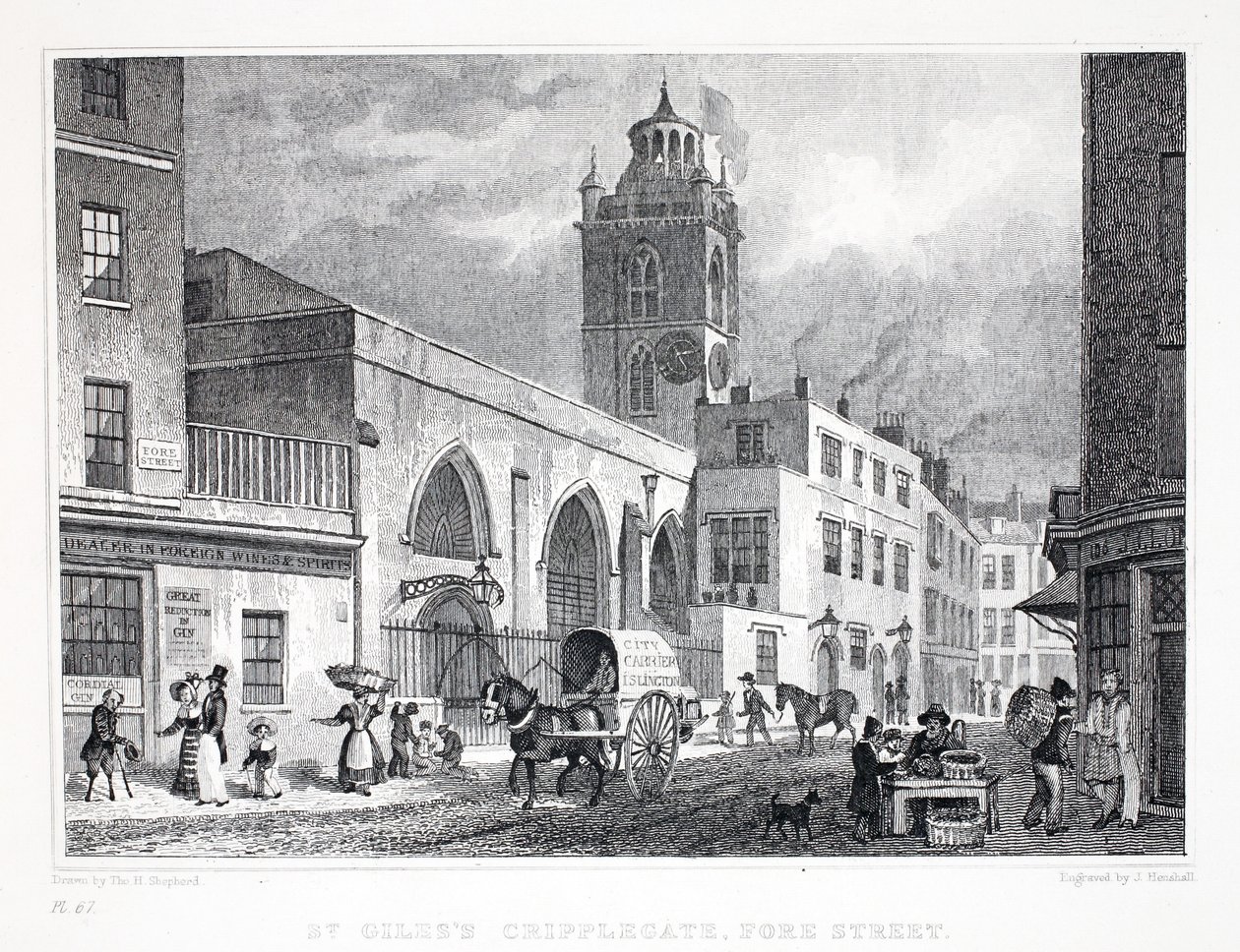 Church of St Giles, Cripplegate, "Lontoo ja sen ympäristö 1800-luvulla" -pubista. Jones und Co., 1827-1829 tekijältä Thomas Hosmer Shepherd