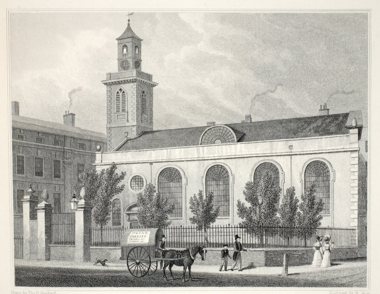 Church of St Mary, Aldermanbury, pubista "Lontoo ja sen ympäristö 1800-luvulla". Jones und Co., 1827-1829 tekijältä Thomas Hosmer Shepherd