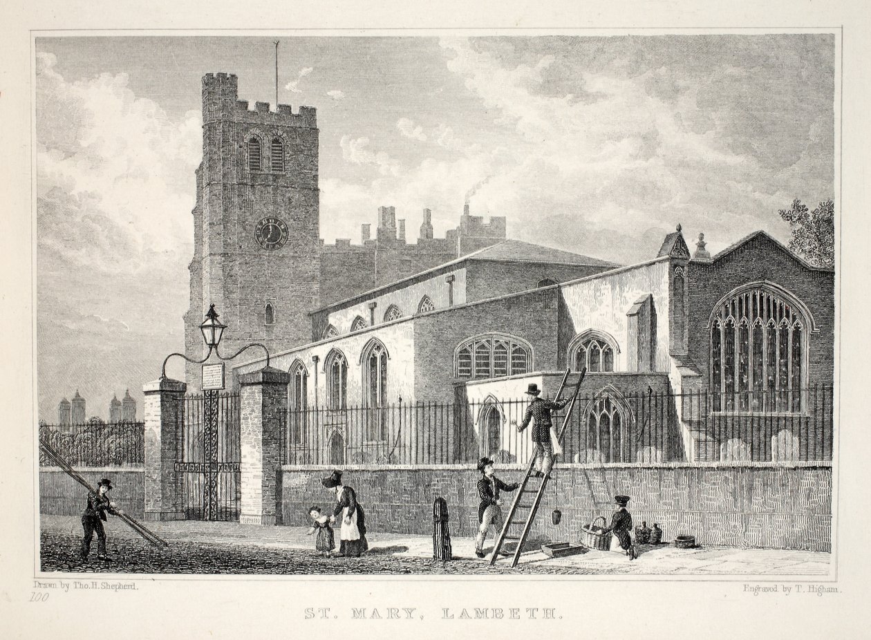 Pyhän Marian kirkko, Lambeth, pubista "Lontoo ja sen ympäristö 1800-luvulla". Jones und Co., 1827-1829 tekijältä Thomas Hosmer Shepherd