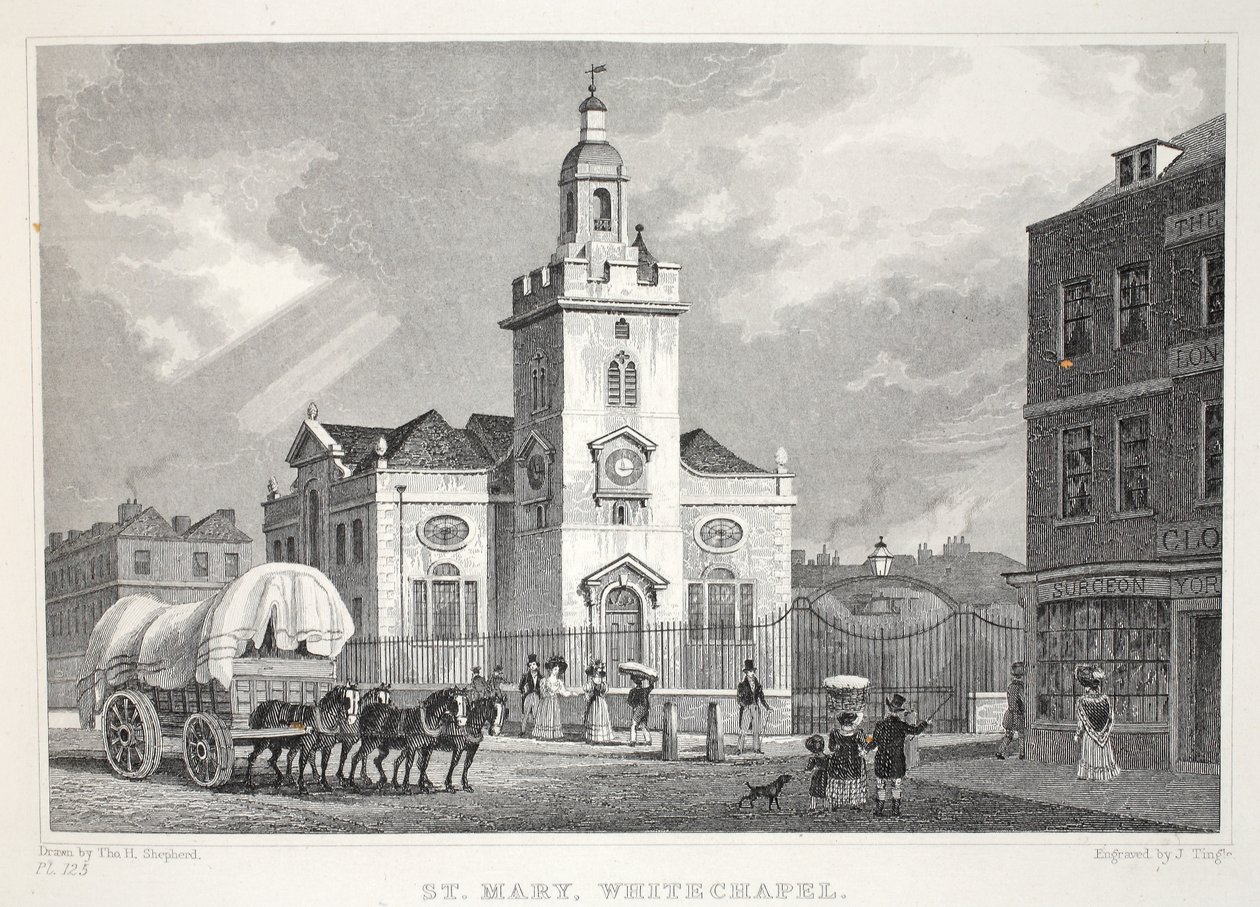 Pyhän Marian kirkko, Whitechapel, pubista "Lontoo ja sen ympäristö 1800-luvulla". Jones und Co., 1827-1829 tekijältä Thomas Hosmer Shepherd