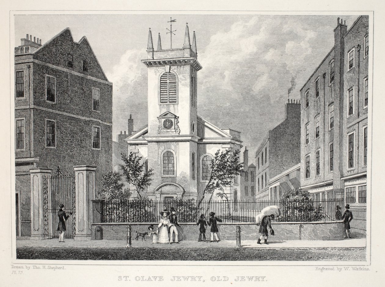 Church of St Olave Jewry, Old Jewry, Lontoosta ja sen ympäristöstä 1800-luvun pubissa. Jones und Co., 1827-1829 tekijältä Thomas Hosmer Shepherd