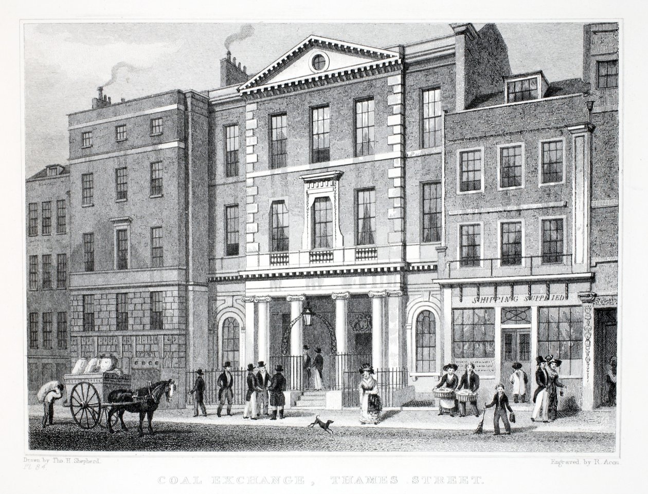 Coal Exchange, "Lontoo ja sen ympäristö yhdeksäntoista vuosisadalla" -pubista. Jones und Co., 1827-1829 tekijältä Thomas Hosmer Shepherd