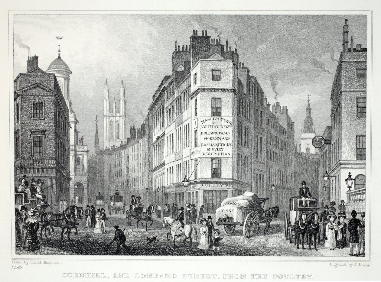 Cornall ja Lombard Street, Poultrysta, "Lontoo ja sen ympäristö 1800-luvulla" -pubista. Jones und Co., 1827-1829 tekijältä Thomas Hosmer Shepherd