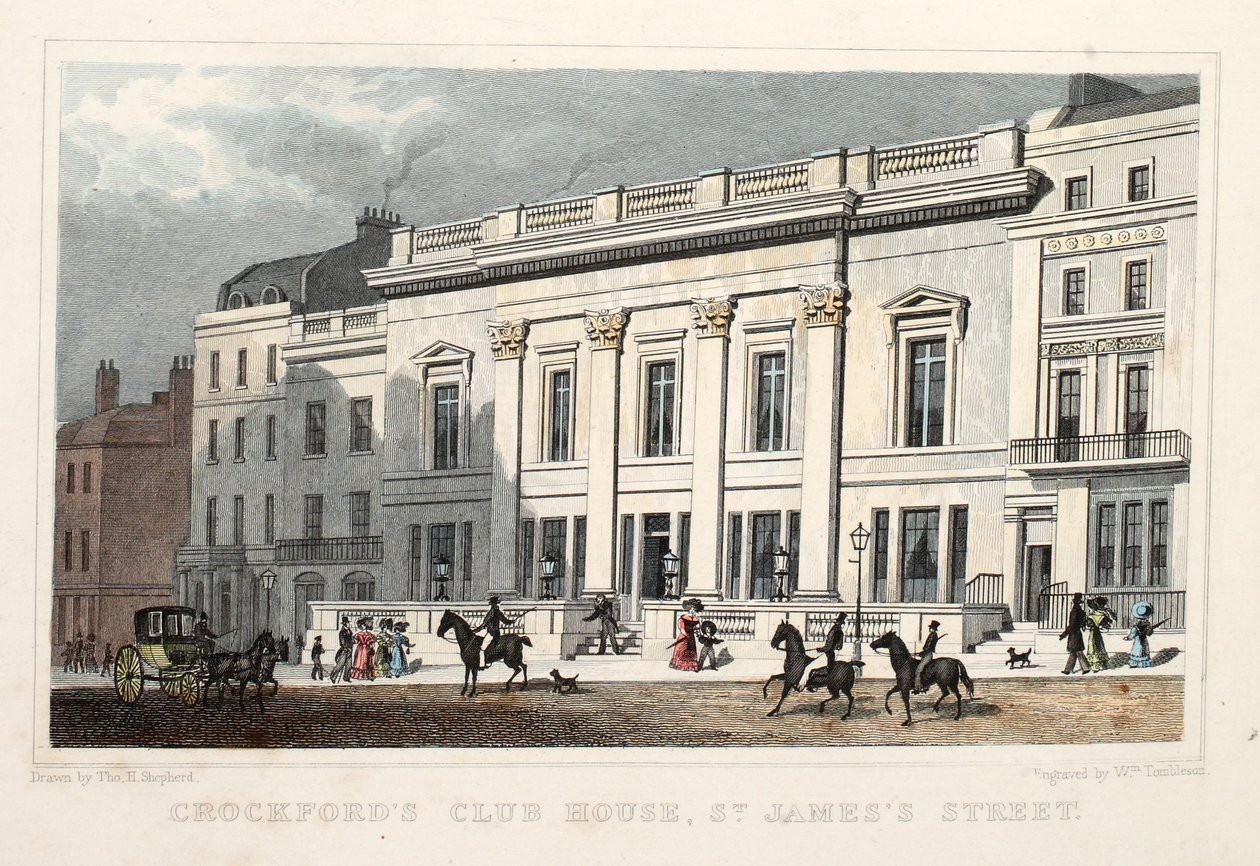 Crockfords Club House, St. James Street. Pub. 1828 (käsinvärinen kaiverrus) tekijältä Thomas Hosmer Shepherd
