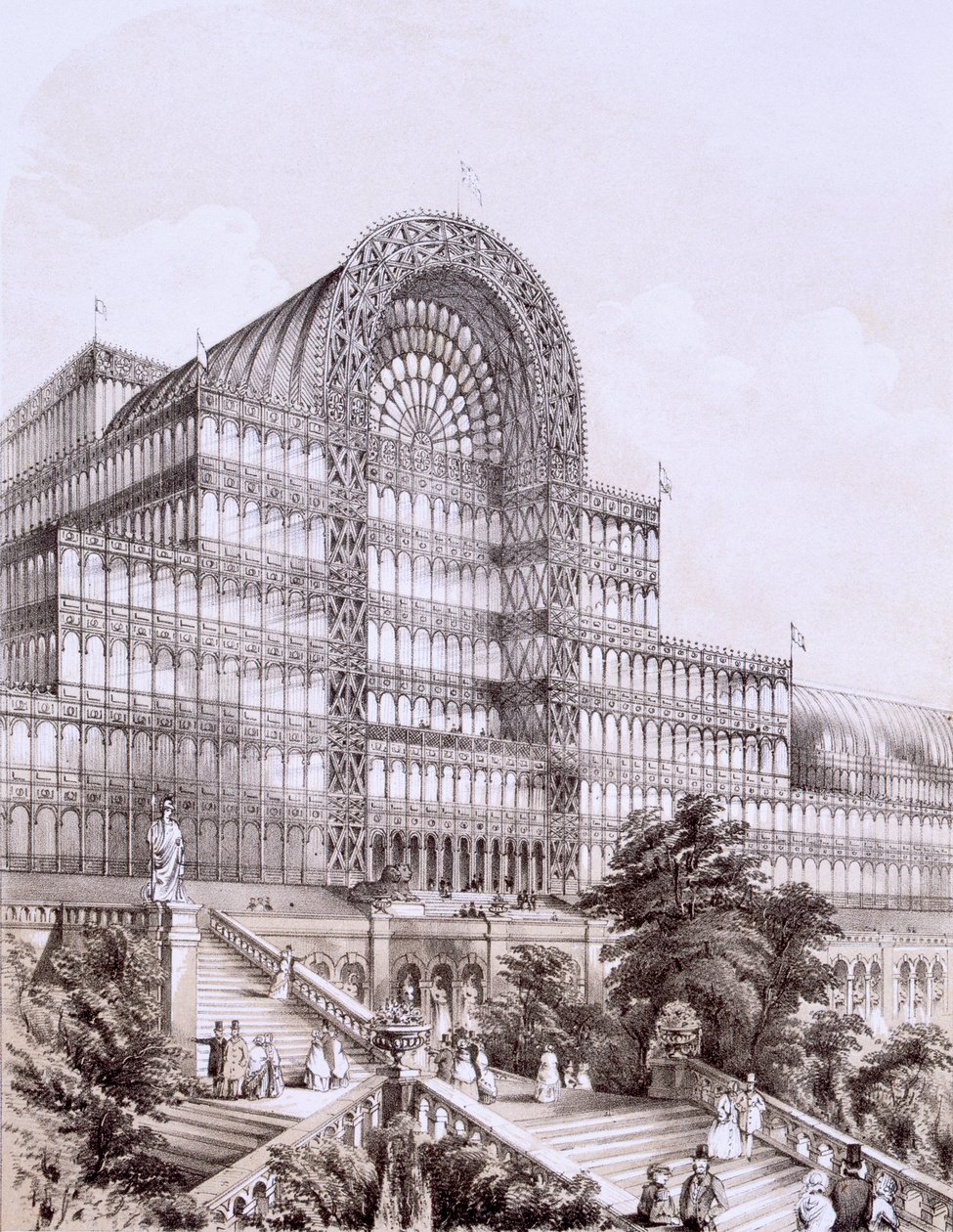 Crystal Palace Sydenhamissa, Suuren Transeptin edessä, n. 1851-55 tekijältä Thomas Hosmer Shepherd