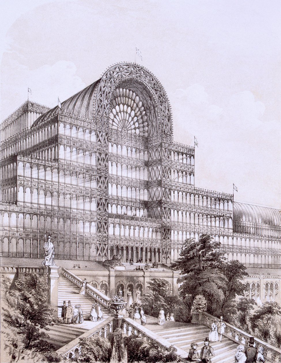 Crystal Palace Sydenhamissa, Suuren Transeptin edessä, vuodelta 1854. tekijältä Thomas Hosmer Shepherd