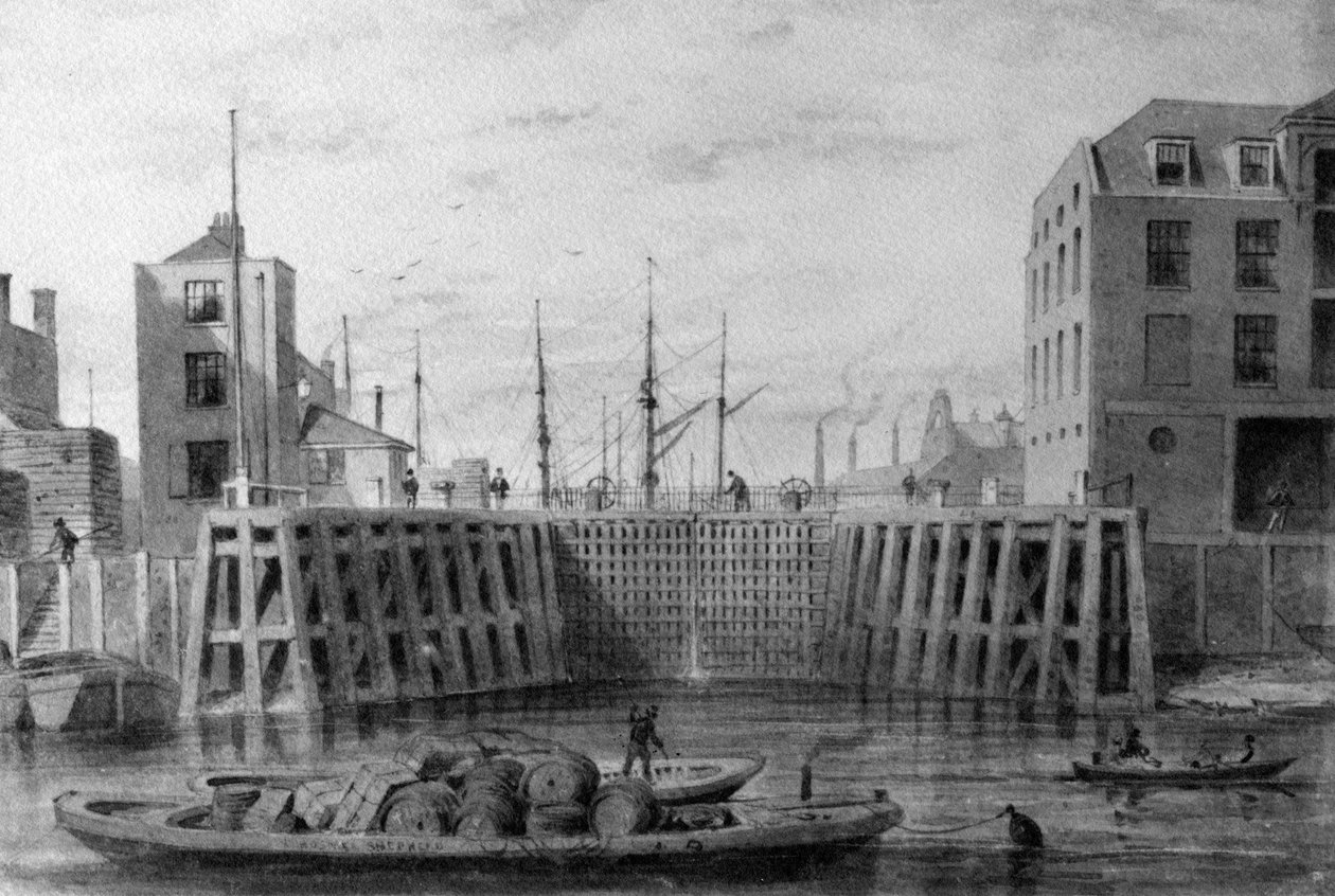 Sisäänkäynti Limehouse Dockiin, 1850 (kynä, muste ja pesu paperille) tekijältä Thomas Hosmer Shepherd